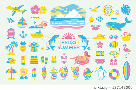 夏・海のイラストセット　南国　旅行　アイコン　ビーチ　装飾 127148000