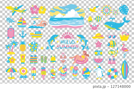 夏・海のイラストセット　南国　旅行　アイコン　ビーチ　装飾 127148000