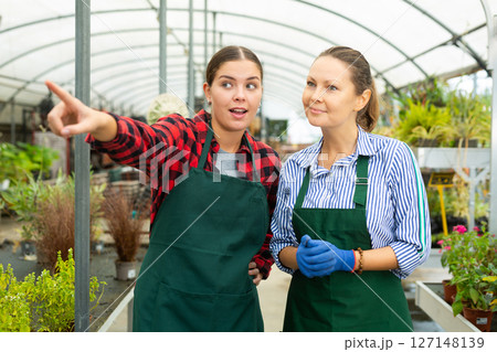 Two positive female botanists discussing among themselves in greenhouse, point gesture Two positive female botanists discussing among themselves in greenhouse, point gesture 127148139