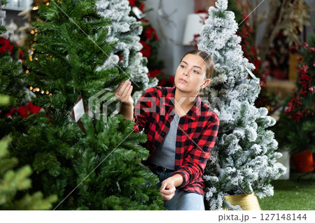 Girl choosing christmas tree for home Girl choosing christmas tree for home 127148144