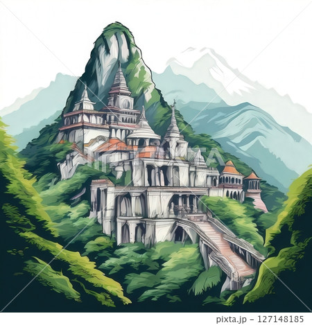 an AI Image Generator, Scenic View of a Temple on a Mountain 127148185