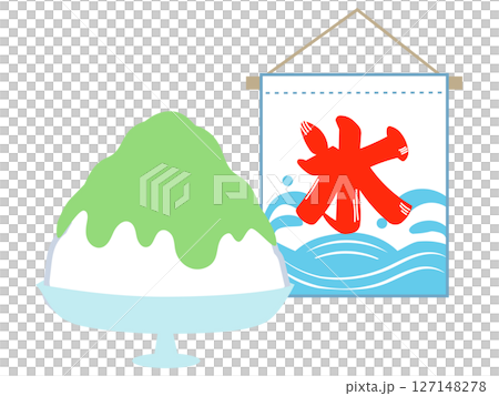 かき氷と旗のイラスト　メロン味　シンプル　かわいい デザート (ベクター素材) 127148278
