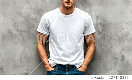 白い無地Tシャツを着た男性 白い無地Tシャツを着た男性 127148532