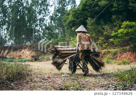 Vietnamese woman in traditional straw hat carries woven mats made of dyed reeds on cart at a rug factory in a village in Vietnam 127148626