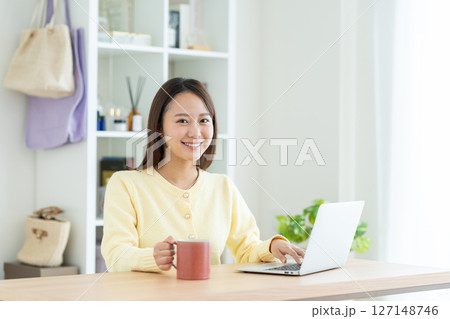 リビングでパソコンを使う若い女性 127148746