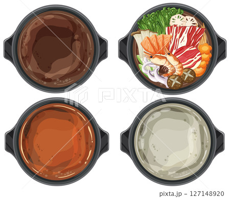 Colorful Asian Hot Pot Ingredients and Broths Colorful Asian Hot Pot Ingredients and Broths 127148920