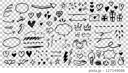 Hand drawn ornament set. Illustrations of symbols such as hearts, arrows, stars, etc. Emotion icons drawn with a pen. Doodle style elements. 127149086