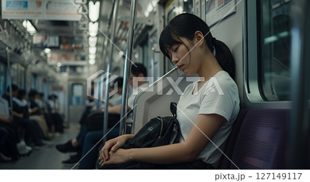 電車内で寝てしまっている女性 電車内で寝てしまっている女性 127149117