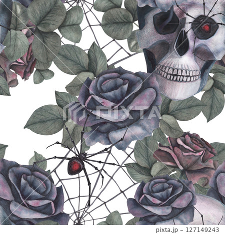 Seamless pattern Scull, dark roses with black spider, cobweb isolated on white background. Watercolor hand drawn illustration. Art design mystical graphics Halloween witch fabric, textile decoration Seamless pattern Scull, dark roses with black spider, cobweb isolated on white background. Watercolor hand drawn illustration. Art design mystical graphics Halloween witch fabric, textile decoration 127149243