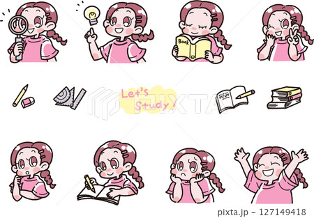 勉強をしている女の子の色々な表情のイラストセット 勉強をしている女の子の色々な表情のイラストセット 127149418