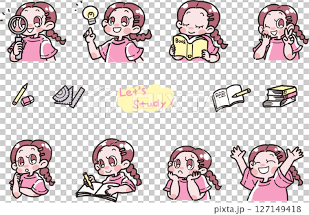Illustration set of various facial expressions of a girl studying Illustration set of various facial expressions of a girl studying 127149418