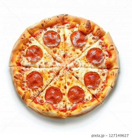 Freshly baked pizza with pepperoni, cherry tomatoes, olives, and basil, expertly cut into individual slices on a white background. 127149627