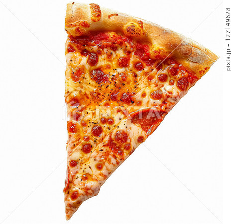 A perfect slice of pepperoni pizza, featuring melted mozzarella cheese and rich tomato sauce on a golden crust, isolated on a white background 127149628
