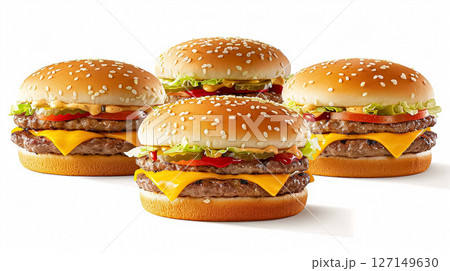 Perfect juicy double cheeseburgers with all the fixings, including melted cheese, fresh lettuce, tomatoes, onions, and pickles on sesame seed buns. 127149630