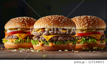 Tempting double cheeseburgers on a rustic wooden table. Each features a juicy patty, melted cheese, fresh lettuce, tomato, pickles, and special sauce on a sesame seed bun. 127149631