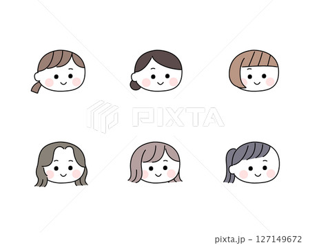 ゆるかわいい手描き風の顔セット／女性 のイラスト素材 [127149672] - PIXTA
