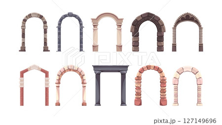 Stone arches of castles. Ancient medieval gates, architecture elements, antique column, games graphic resources marble and brick doorway, cathedral entrance tidy vector cartoon flat isolated set Stone arches of castles. Ancient medieval gates, architecture elements, antique column, games graphic resources marble and brick doorway, cathedral entrance tidy vector cartoon flat isolated set 127149696