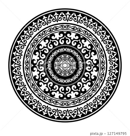 Round Kazakh ornament. Ornament in Kazakh style isolated on white background. Round decorative Element of the national pattern ancient nomads for clothe, yurt, ceramic, carpet, shawl, pillow, cushion Round Kazakh ornament. Ornament in Kazakh style isolated on white background. Round decorative Element of the national pattern ancient nomads for clothe, yurt, ceramic, carpet, shawl, pillow, cushion 127149795