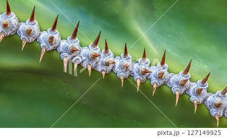 Macro view captures sharp cactus thorns in a curvy arrangement against a vibrant green backdrop 127149925