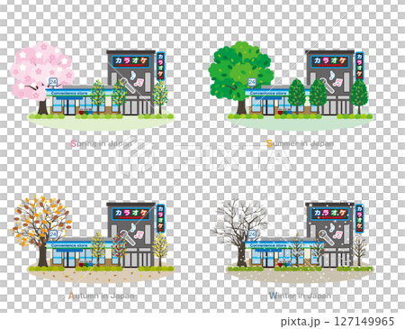 Illustration of Japanese townscape. Four seasons in Japan. Illustration of Japanese townscape. Four seasons in Japan. 127149965