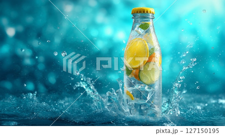 Refreshing fruit-infused water in a clear bottle splashes in vibrant turquoise background with citrus slices inside 127150195