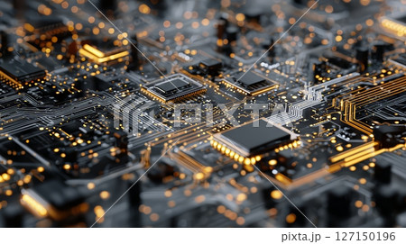 Advanced technology circuits featuring cpus, microchips, and neural networks illuminated by cloud data connections 127150196