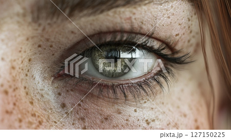 Close-up view of a green eye with freckles and long eyelashes showcasing intricate details and reflections 127150225