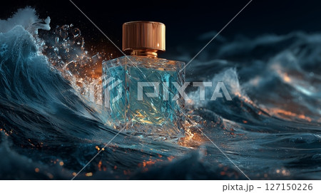 Scent bottle emerges from turbulent ocean waves illuminated by soft light at twilight 127150226