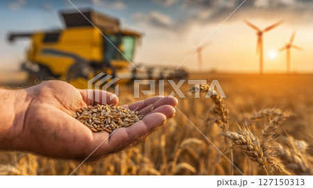 Hand holds wheat grains showcasing sustainable agriculture with combine harvester at sunset 127150313