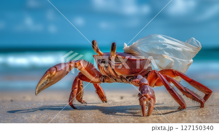 Crab with plastic bag on back highlights marine pollution on sandy beach with ocean backdrop Crab with plastic bag on back highlights marine pollution on sandy beach with ocean backdrop 127150340