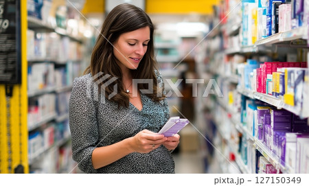 Pregnant woman examines product label while shopping in pharmacy aisle during daytime 127150349