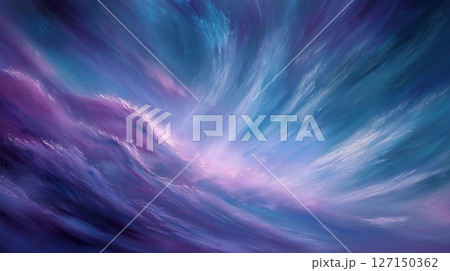 Sacred abstract depiction of light, land, and sea uniting in fluid brushwork during twilight hours 127150362