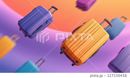 Colorful suitcases in motion through a dynamic space showcasing travel and adventure with vibrant hues 127150438