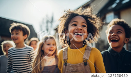 Diverse group of children laughing and playing together in schoolyard during sunny afternoon 127150489
