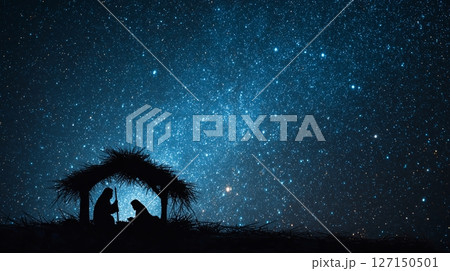 Depiction of Mary, Joseph, and baby Jesus in a manger under a starry sky in Bethlehem representing faith and hope 127150501