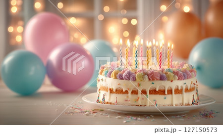 Colorful birthday cake with candles surrounded by balloons and party decorations in a festive setting 127150573