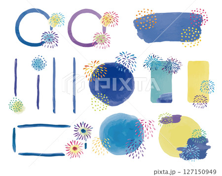 青や紫の夏の花火のタイトルフレーム素材セット	 127150949