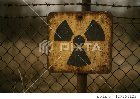 Old Rusty Radiation Hazard Warning Sign on Metal Fence with Barbed Wire Outdoors 127151123