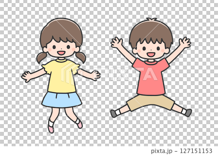 微笑的女孩和男孩跳躍 127151153