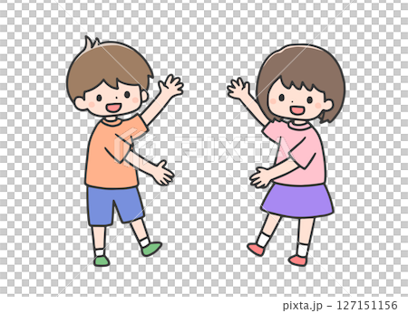 じゃーんと示すポーズの男の子と女の子 じゃーんと示すポーズの男の子と女の子 127151156