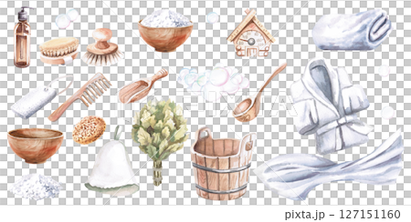 Set of items for sauna and bath. Isolated watercolor illustration for the design of advertising brochures for hamam, Turkish bath, Finnish sauna, printing on textiles, making merch for spa salons. 127151160