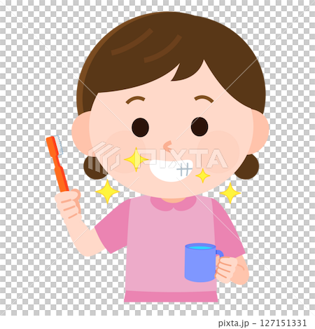 一個女孩刷牙以清潔牙齒的插圖 127151331