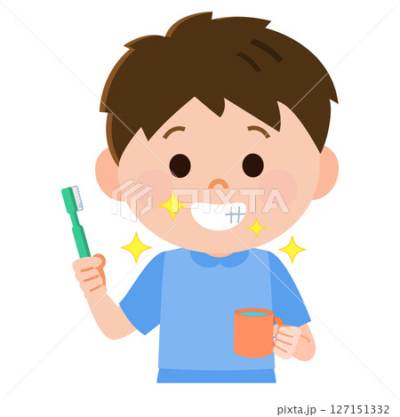 歯磨きをして歯がきれいになる男の子　イラスト 127151332