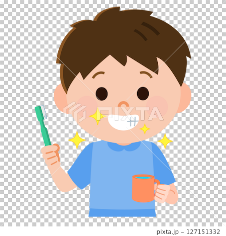 歯磨きをして歯がきれいになる男の子　イラスト 127151332
