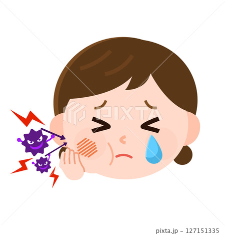 虫歯になって頬が腫れて泣く女の子と虫歯菌　頭のみ　イラスト 127151335