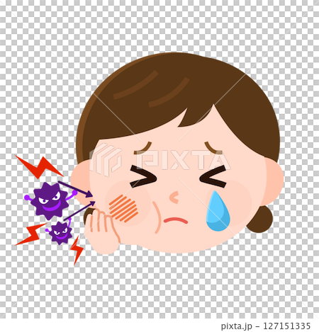 虫歯になって頬が腫れて泣く女の子と虫歯菌　頭のみ　イラスト 127151335