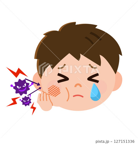 虫歯になって頬が腫れて泣く男の子と虫歯菌　頭のみ　イラスト 127151336