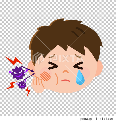 虫歯になって頬が腫れて泣く男の子と虫歯菌　頭のみ　イラスト 127151336