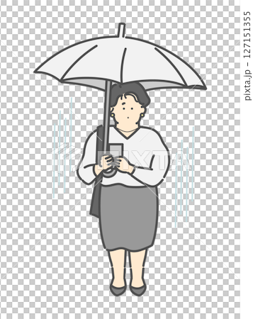 一名女子撐著雨傘操作智慧型手機的全身插圖 127151355