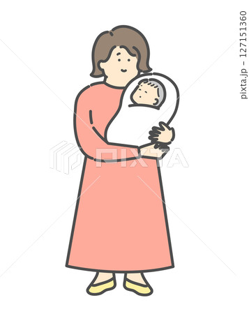 ママと抱っこされる赤ちゃんの全身イラスト 127151360